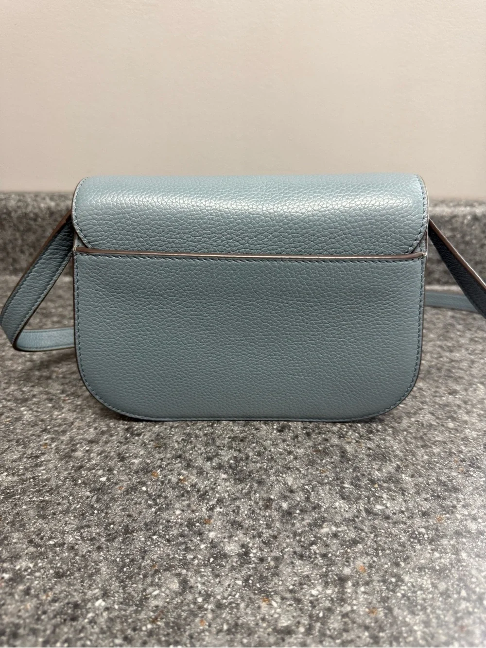 NWOT Tory Burch Britten Logo Saddle Bag Slate Blue/Brunnera Pebble Leather $458